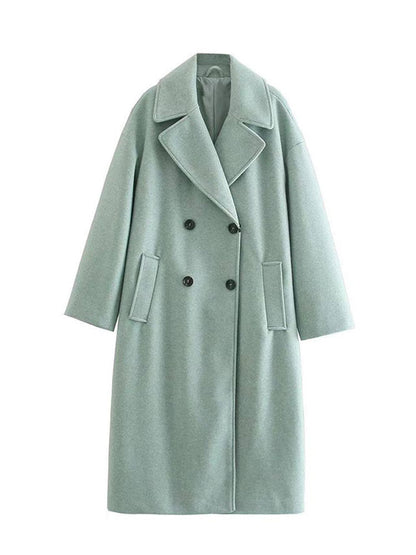 Women Elegant Double Breasted Woolen Coat Spring Fashion Chic Lapel Overcoat Office Ladies Solid Cashmere Long Outerwear