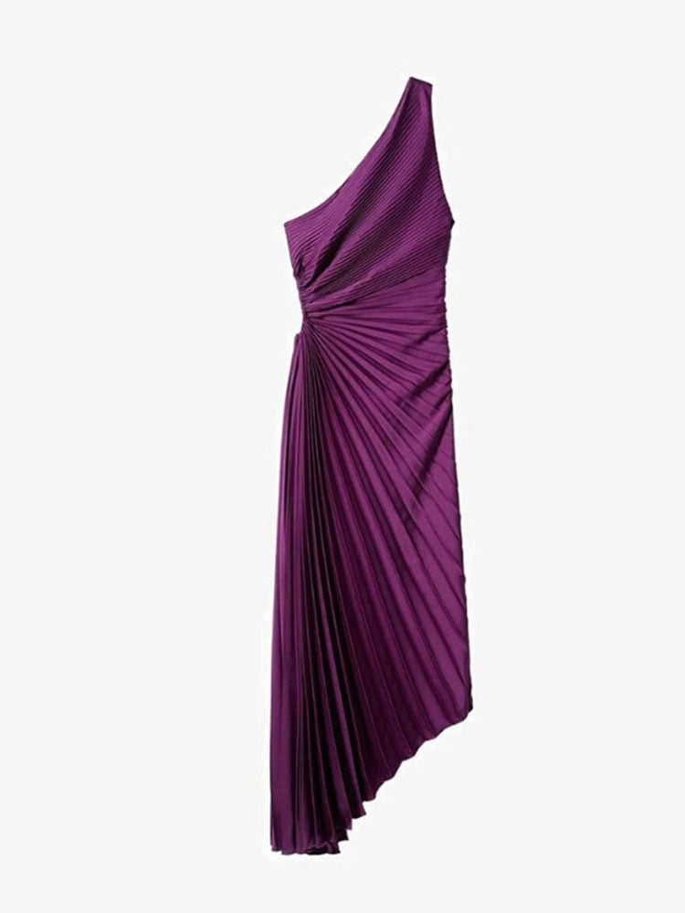 Women Elegant Ruffled One Shoulder Pleated Maxi Dresses Fashion Sleeveless Irregular Frock Trend Party Evening Vestidos Purple