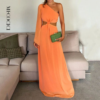 Women Maxi Dress Summer Fashion Solid Lnclined Shoulder Long Sleeve Leaky Waist Pleated Evening Dresses High Streetwear Orange