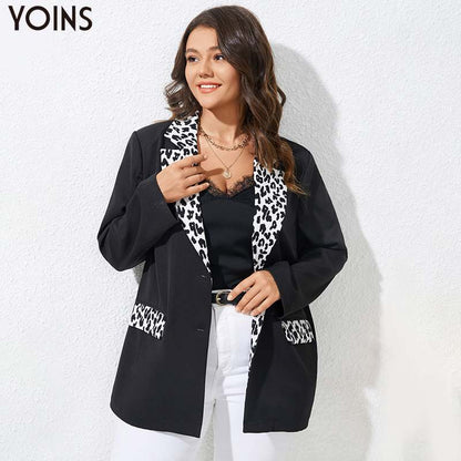 Women Plus Size Outwear Fashion Blazer Autumn Long Sleeve Leopard Front Button Patchwork Elegant Lapel Collar Tops Black