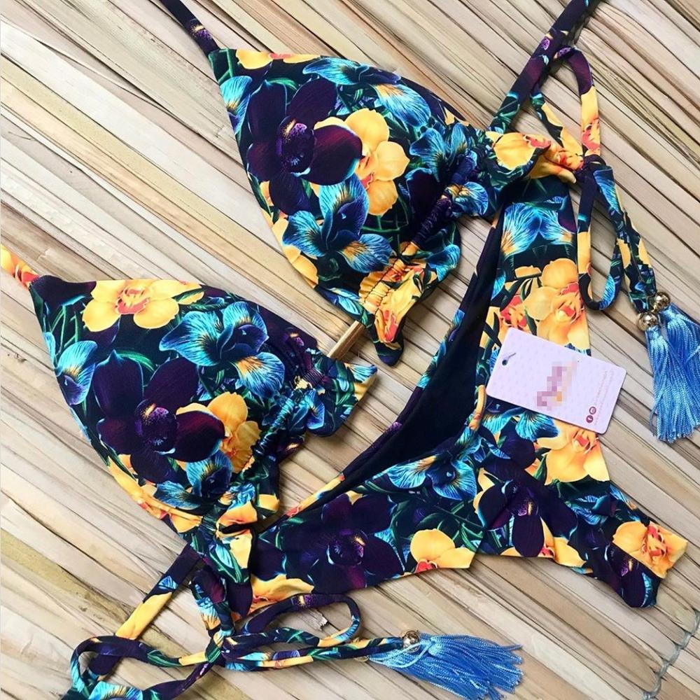 Women Sexy Bikini 2023 Set Up Floral Print Bandage Swimsuit High Waist Thong Brazilian Biquini swimwear Summer Beach Wear QS06