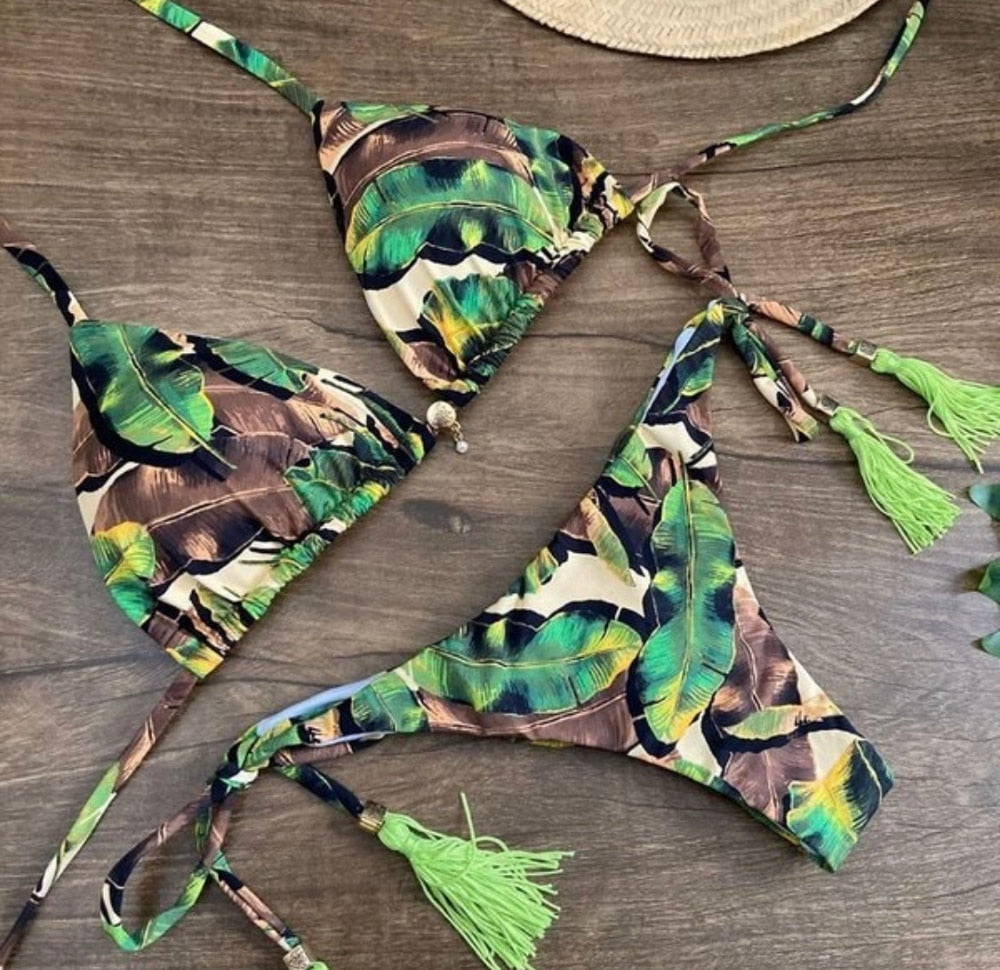 Women Sexy Bikini 2023 Set Up Floral Print Bandage Swimsuit High Waist Thong Brazilian Biquini swimwear Summer Beach Wear 5218