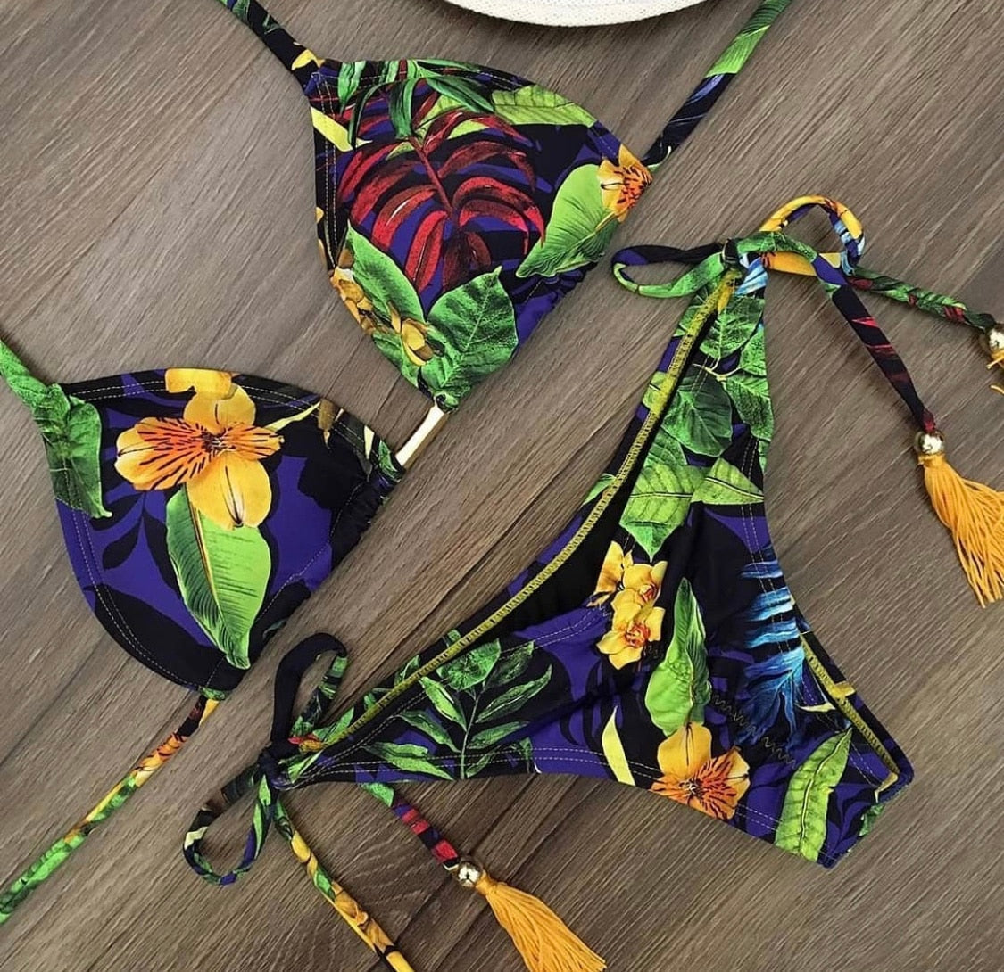 Women Sexy Bikini 2023 Set Up Floral Print Bandage Swimsuit High Waist Thong Brazilian Biquini swimwear Summer Beach Wear MK04