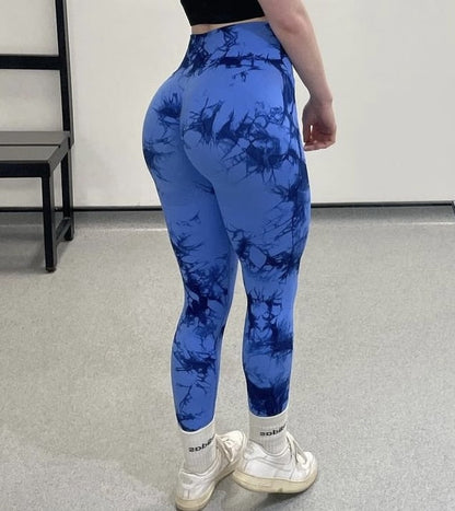 Women Tiedye Gym Leggings Seamless Push Up Yoga Pants Thick material Scrunch Sports Fitness High Waist Workout Leggins Drop Ship blue