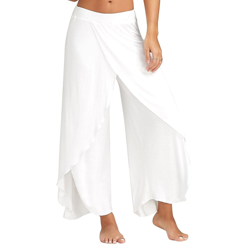 Women Wide Leg Pants Loose Fitness Yoga Split Trousers Mandala Open Leg Pants Comfort Gypsy Hippie Aladdin Harem Pants White