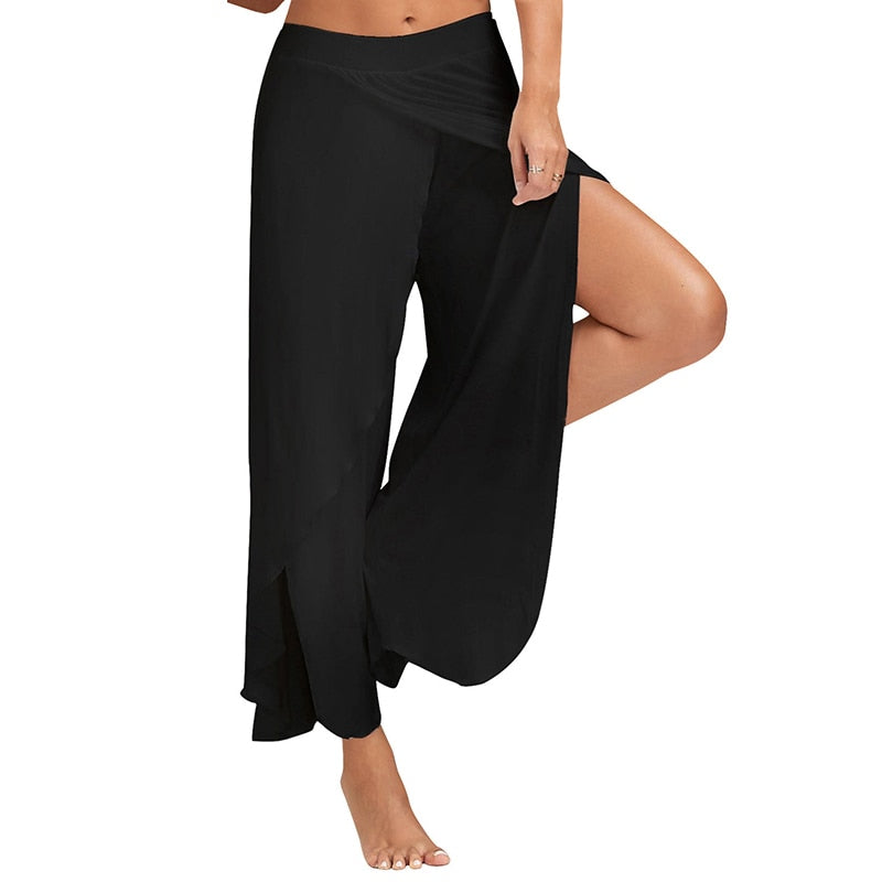 Women Wide Leg Pants Loose Fitness Yoga Split Trousers Mandala Open Leg Pants Comfort Gypsy Hippie Aladdin Harem Pants Black