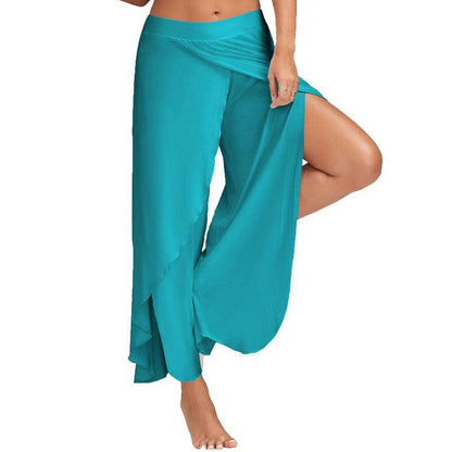 Women Wide Leg Pants Loose Fitness Yoga Split Trousers Mandala Open Leg Pants Comfort Gypsy Hippie Aladdin Harem Pants light blue