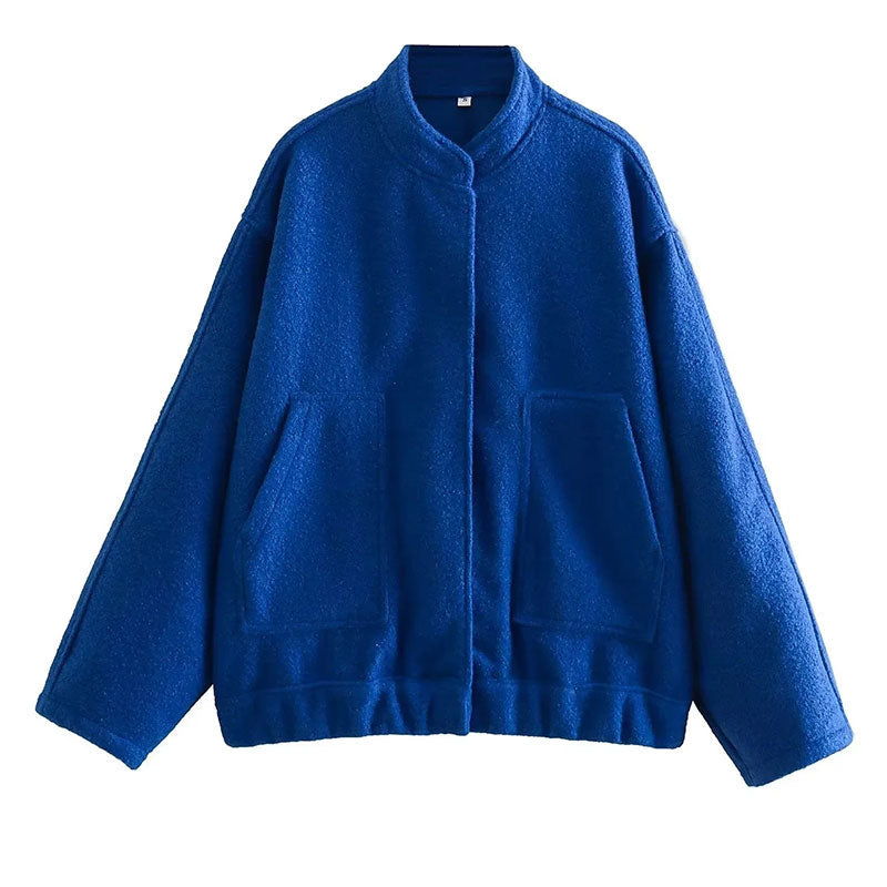 Women's Elegant Solid Coat Button Long Sleeve Pocket Bomber Jacket Female Spring Casual Loose Streetwear Coats dark blue