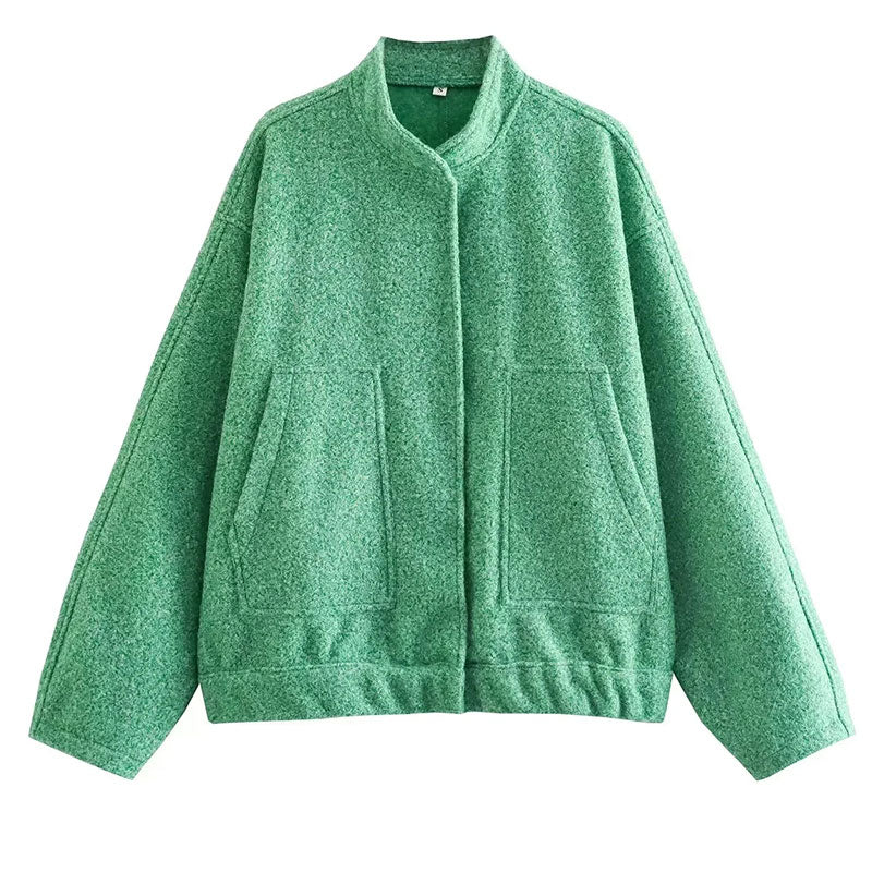 Women's Elegant Solid Coat Button Long Sleeve Pocket Bomber Jacket Female Spring Casual Loose Streetwear Coats green