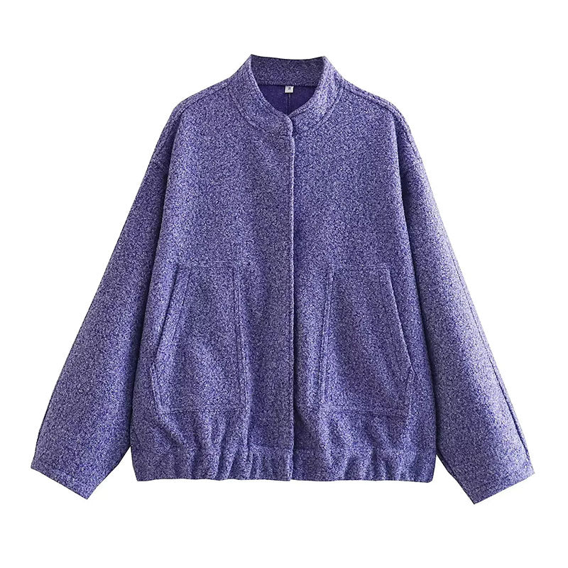 Women's Elegant Solid Coat Button Long Sleeve Pocket Bomber Jacket Female Spring Casual Loose Streetwear Coats purple