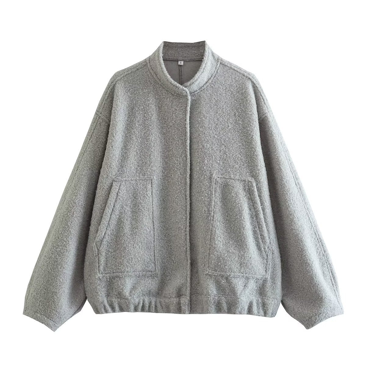 Women's Elegant Solid Coat Button Long Sleeve Pocket Bomber Jacket Female Spring Casual Loose Streetwear Coats light grey