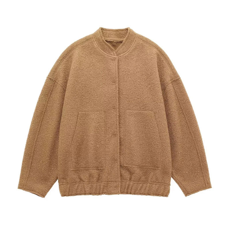 Women's Elegant Solid Coat Button Long Sleeve Pocket Bomber Jacket Female Spring Casual Loose Streetwear Coats brown