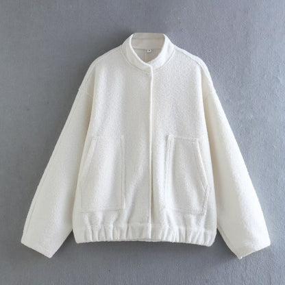 Women's Elegant Solid Coat Button Long Sleeve Pocket Bomber Jacket Female Spring Casual Loose Streetwear Coats white
