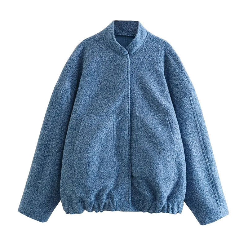 Women's Elegant Solid Coat Button Long Sleeve Pocket Bomber Jacket Female Spring Casual Loose Streetwear Coats blue