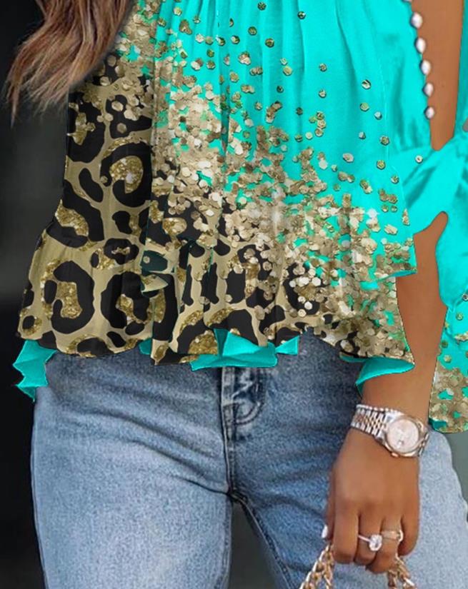 Women's Fashion T-Shirt Summer European & American Contrast Leopard Print Split Sleeve Casual Top Ruffles Vacation Blouses Women