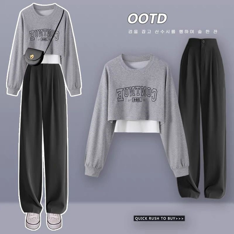 Women's Fashion Tracksuit Elegant Spring Autumn Loose Short Sweater Matching Sets Female Fake Two-piece Blouse Pants Suit