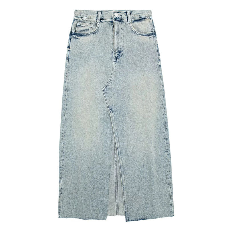 Women's Front Slit Blue Denim Skirt Pockets High Waist Slim Zipper Fly Midi Skirts Spring Female Casual Streetwear Denim Skirt 4 China