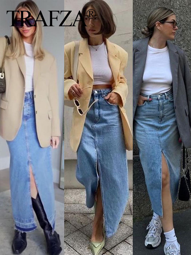 Women's Front Slit Blue Denim Skirt Pockets High Waist Slim Zipper Fly Midi Skirts Spring Female Casual Streetwear