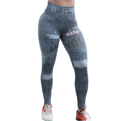 Women's Stretch Tights Jeans Retro 3D Print Leggings Brazilian Net Red Slim Fitness Pants Outdoor Sports Running Pants 9084