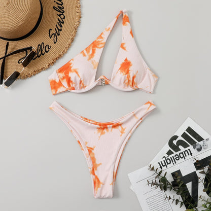 Women's Swimsuit New Two-Piece Bikinis Set Cut Out Swimwear One Shoulder Biquini Solid Color Summer Beach Bikini 18