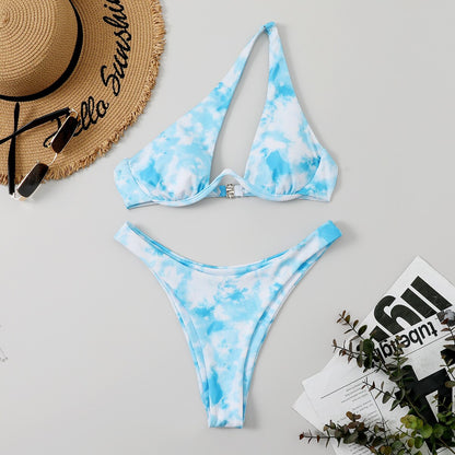 Women's Swimsuit New Two-Piece Bikinis Set Cut Out Swimwear One Shoulder Biquini Solid Color Summer Beach Bikini 16