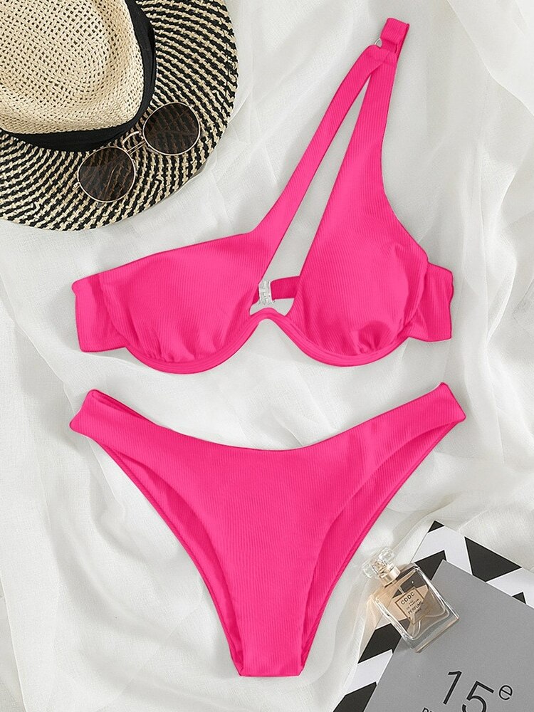 Women's Swimsuit New Two-Piece Bikinis Set Cut Out Swimwear One Shoulder Biquini Solid Color Summer Beach Bikini Rose Red