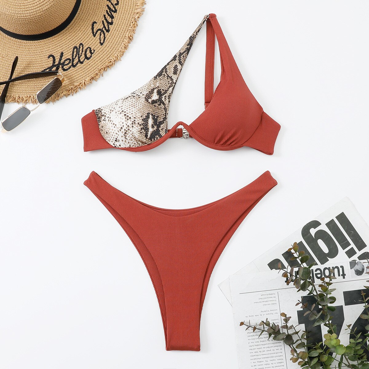 Women's Swimsuit New Two-Piece Bikinis Set Cut Out Swimwear One Shoulder Biquini Solid Color Summer Beach Bikini 8