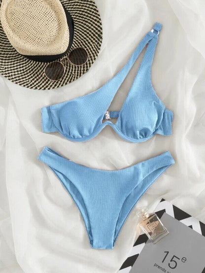 Women's Swimsuit New Two-Piece Bikinis Set Cut Out Swimwear One Shoulder Biquini Solid Color Summer Beach Bikini Light Blue