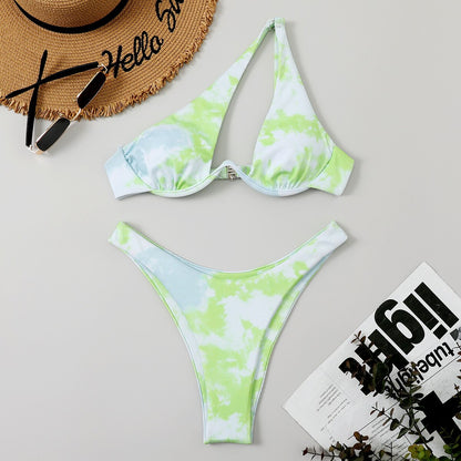Women's Swimsuit New Two-Piece Bikinis Set Cut Out Swimwear One Shoulder Biquini Solid Color Summer Beach Bikini 12