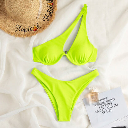 Women's Swimsuit New Two-Piece Bikinis Set Cut Out Swimwear One Shoulder Biquini Solid Color Summer Beach Bikini Yellow Green