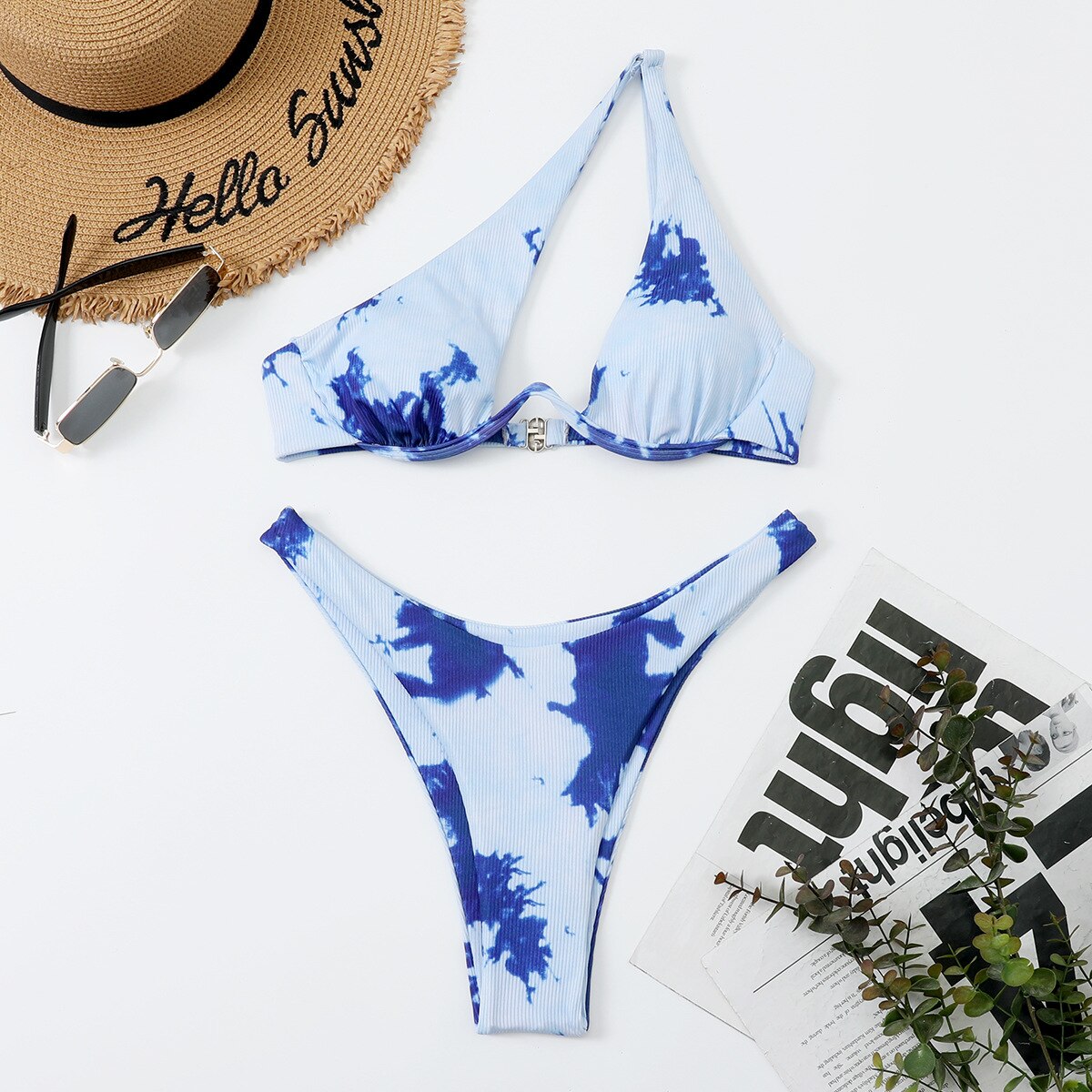 Women's Swimsuit New Two-Piece Bikinis Set Cut Out Swimwear One Shoulder Biquini Solid Color Summer Beach Bikini 9